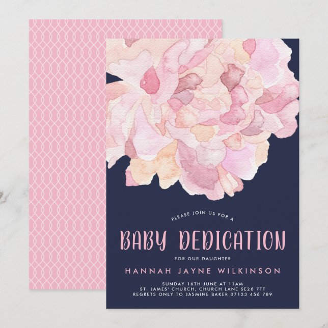 Navy & Pink Watercolor Peony Baby Dedication Invitation (Front/Back)