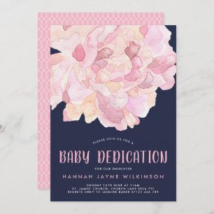 Navy & Pink Watercolor Peony Baby Dedication Invitation