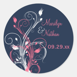 Navy Pink White Floral 1.5" Wedding Sticker