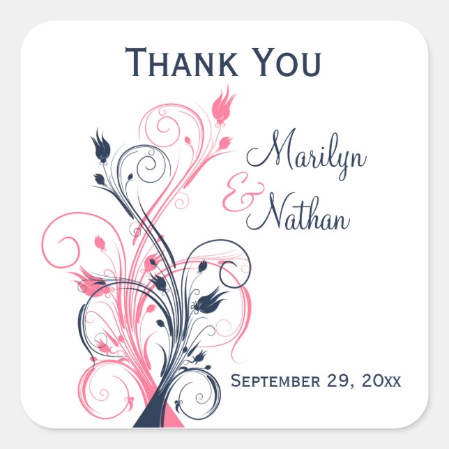 Navy Pink White Floral 1.5" Wedding Sticker (Front)