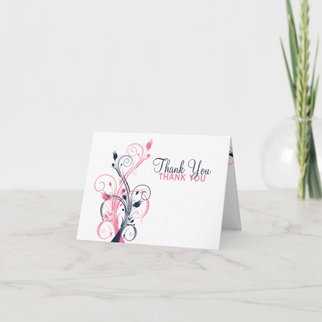 Navy, Pink, White Floral Thank You Card (Front)