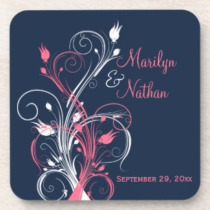 Navy Pink White Floral Wedding Coaster Set (6)