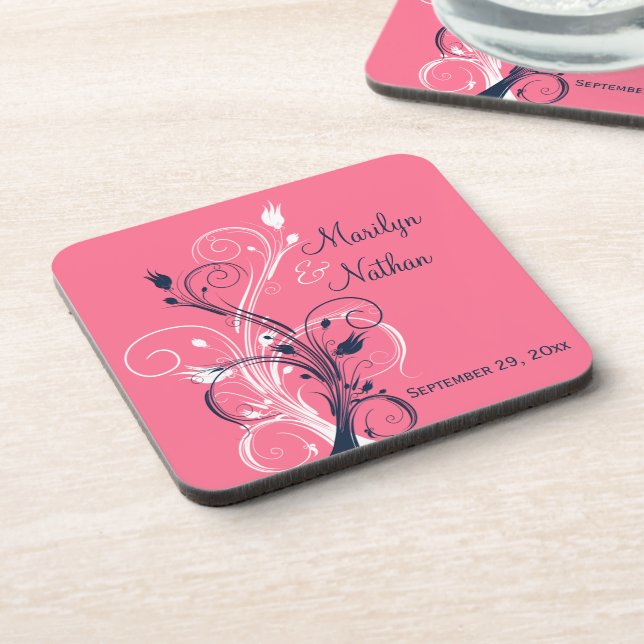 Navy Pink White Floral Wedding Coaster Set (6) (Left Side)