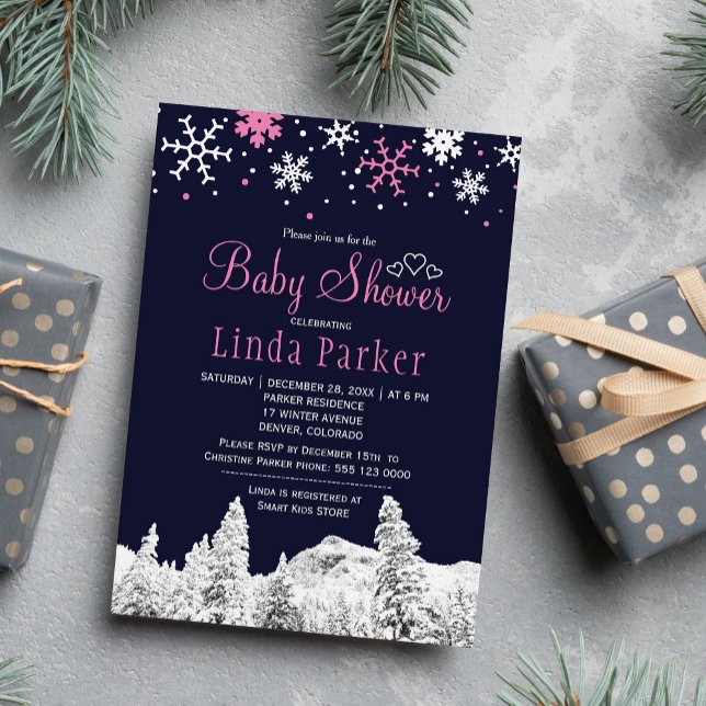 Navy pink white wonderland winter baby shower invitation (Creator Uploaded)