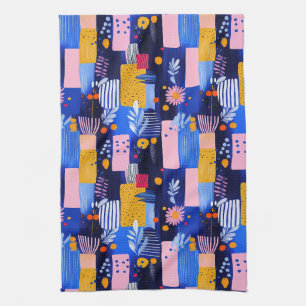 Navy Pink Yellow Geometric Botanical Tea Towel