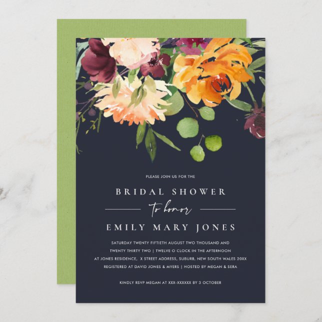 NAVY PINK YELLOW ORANGE FLORAL BUNCH BRIDAL SHOWER INVITATION (Front/Back)