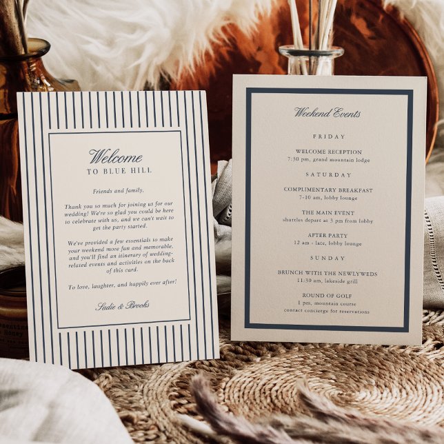 Navy Pinstripe Wedding Welcome Letter & Itinerary Program (Creator Uploaded)