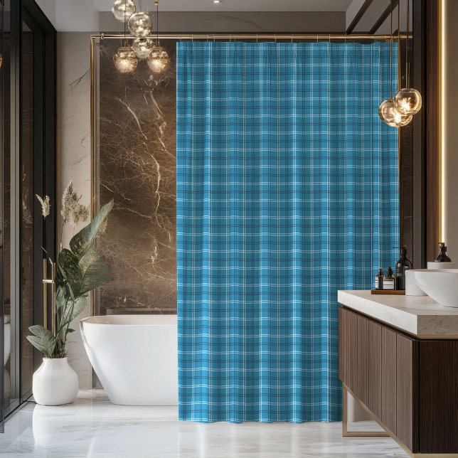 Navy Plaid Curtain Rugged Gift for His Bathroom (Blue Tartan Curtain Classic Gift for Gentlemen)