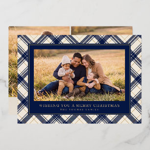 Navy Plaid Frame Merry Christmas Family Photo Foil Holiday Card