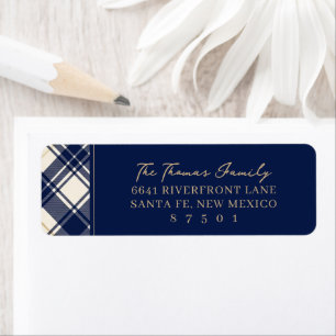 Navy Plaid Merry Christmas Family Photo Return Address Label