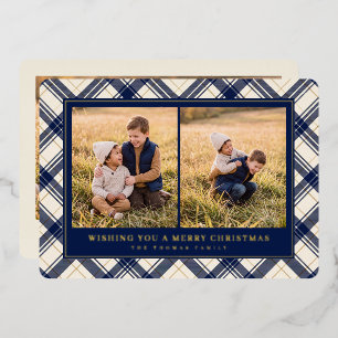 Navy Plaid Multi Photo Christmas Foil Holiday Card