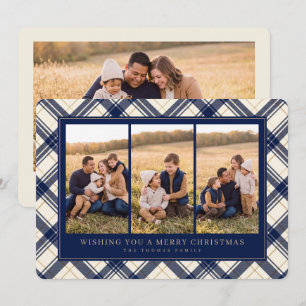 Navy Plaid Three Photo Christmas Card