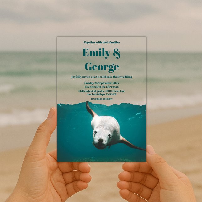 Navy Playful Sea Lion Beach Ocean Coastal Wedding Acrylic Invitations (Creator Uploaded)