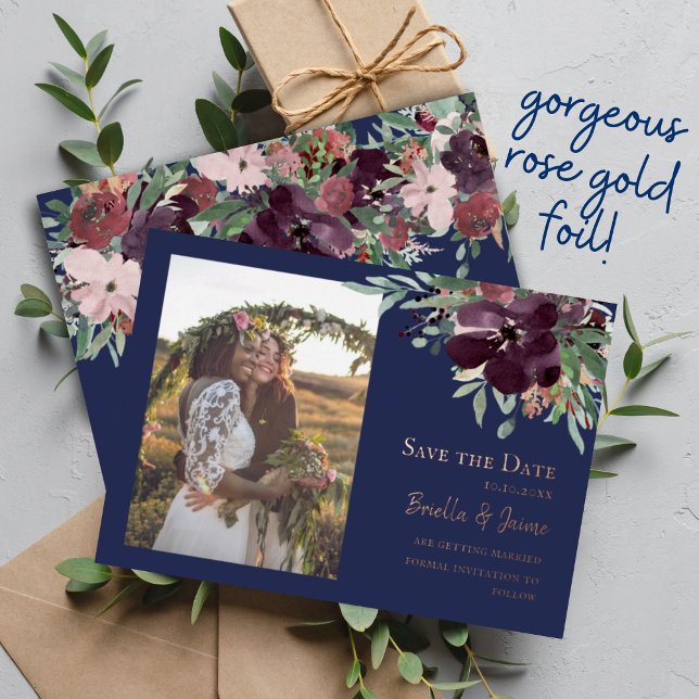 Navy Plum Blush Floral Wedding Photo Save the Date (Creator Uploaded)