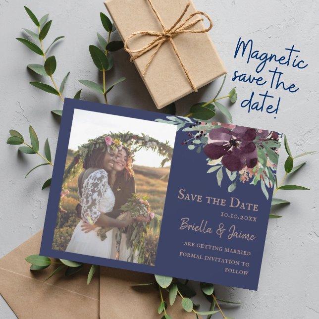 Navy Plum Blush Floral Wedding Photo Save the Date Magnetic Invitation (Creator Uploaded)