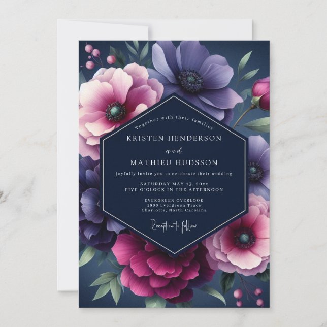 Navy & Plum Dramatic Bloom Wedding Invitation (Front)