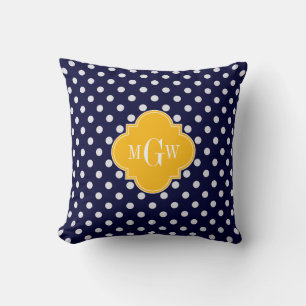Navy Polka Dot Goldenrod Quatrefoil 3 Monogram Cushion