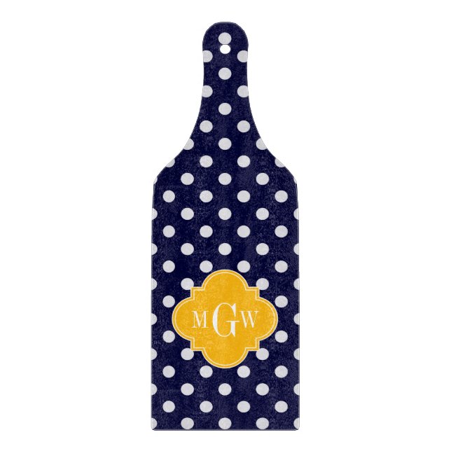 Navy Polka Dot Goldenrod Quatrefoil 3 Monogram Cutting Board (Front)