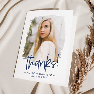 Navy Preppy Script Photo Graduation Thank You Card