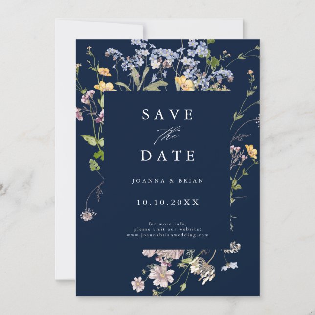 Navy Pretty Spring Wildflower Meadow Garden  Save The Date (Front)