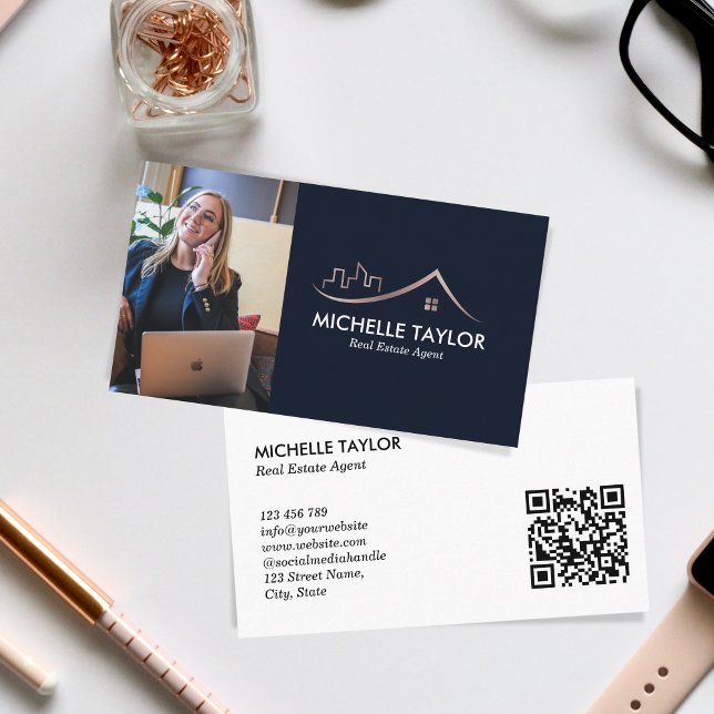 Navy Professional Real Estate Realtor Photo QR Business Card (Creator Uploaded)