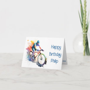 Navy, purple and orange cyclist Birthday Card
