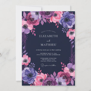 Navy Purple Floral Watercolor Wedding Invitation