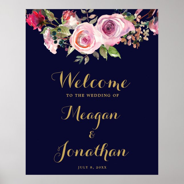 navy purple floral wedding welcome sign (Front)