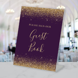 Navy Purple Glitter Wedding Guest Book Pedestal Sign