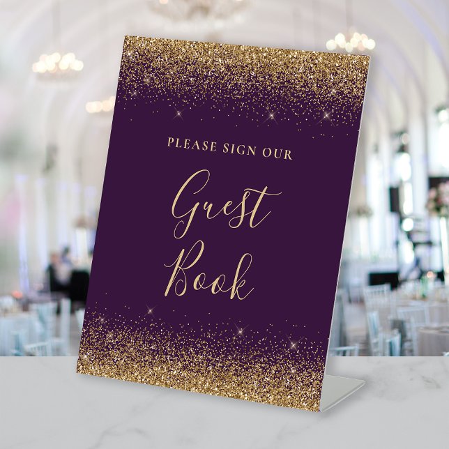 Navy Purple Glitter Wedding Guest Book Pedestal Sign (Creator Uploaded)