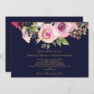 navy purple roses floral wedding invitation