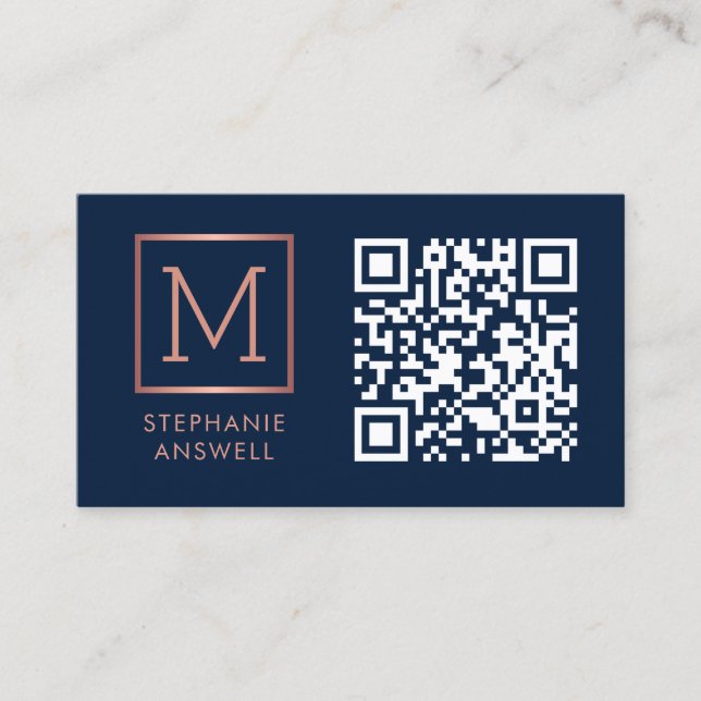 Navy QR Code Logo Monogram Rose Gold Business Card (Front)