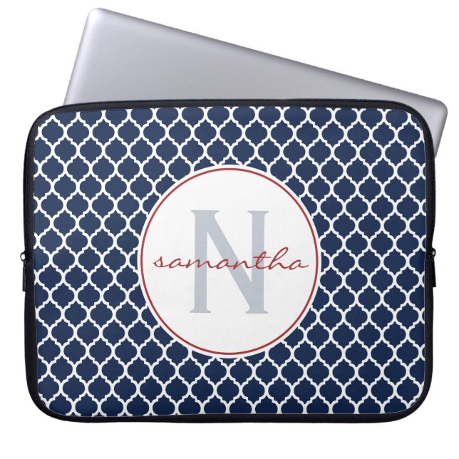 Navy Quatrefoil Monogram Laptop Sleeve (Front)