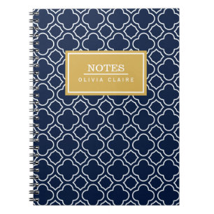 Navy Quatrefoil Pattern Gold Name Template Notebook