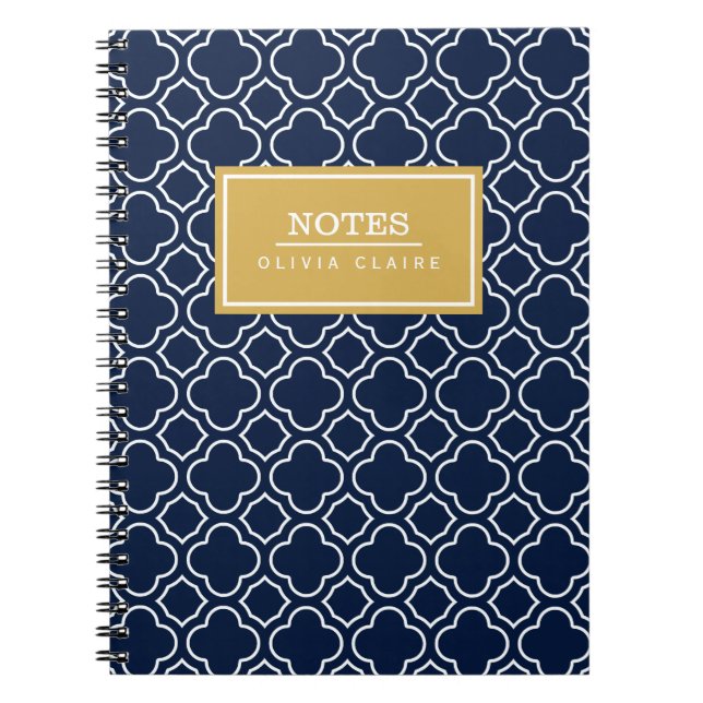 Navy Quatrefoil Pattern Gold Name Template Notebook (Front)