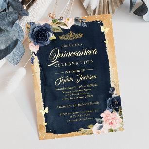Navy Quinceanera Floral Sparkle Gold Tiara