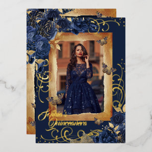 Navy Quinceanera Photo Rose Gold Butterfly 