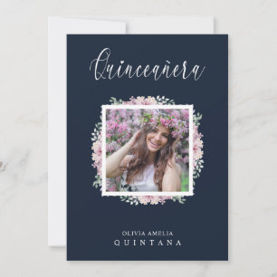 Navy Quinceañera Pink Trendy Garland Photo Spanish Invitation