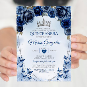 Navy Quinceañera Silver Crown Butterfly 15 Anos Invitation