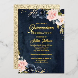 Navy REAL GOLD FOIL Pink Floral Quinceanera