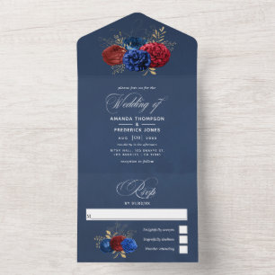 Navy, Red and Gold Floral Wedding All In One Invit Invitation