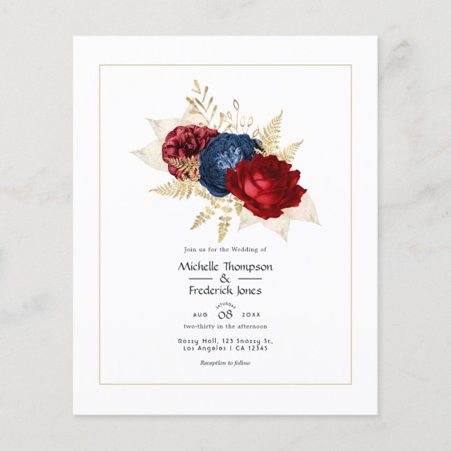 Navy, Red and Gold Floral Wedding Invitation Flyer (Front)