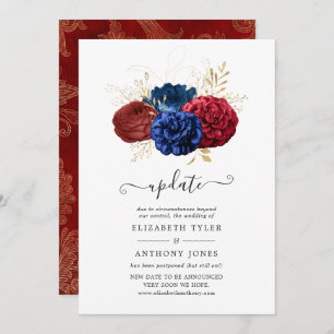 Navy, Red and Gold Floral Wedding Update Invitation