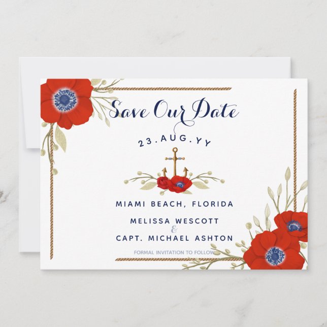 Navy & Red Anemone Nautical Red White Blue Wedding Save The Date (Front)