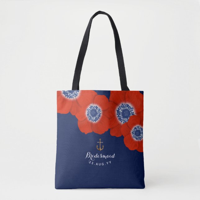 Navy & Red Anemones Nautical Bridal Party Tote Bag (Front)