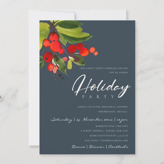 NAVY RED BERRIES CORPORATE HOLIDAY CHRISTMAS PARTY INVITATION (Front)