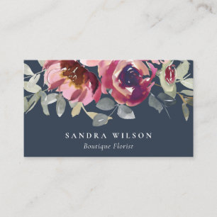 NAVY RED BLUSH BURGUNDY ROSE WATERCOLOR FLORAL BUSINESS CARD