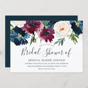 Navy & Red Burgundy Flowers Bridal Shower Invitation