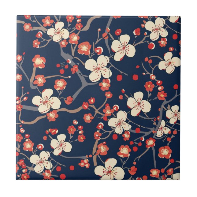 Navy Red Cherry Blossom Japanese Floral Ceramic Tile (Front)