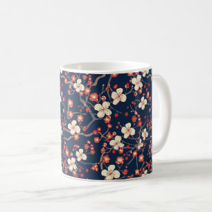 Navy Red Cherry Blossom Japanese Floral Coffee Mug
